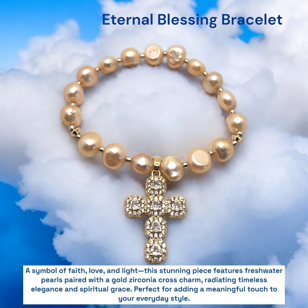 Peach Freshwater Pearl bracelet with Gold Zirconia Stainless steel charm